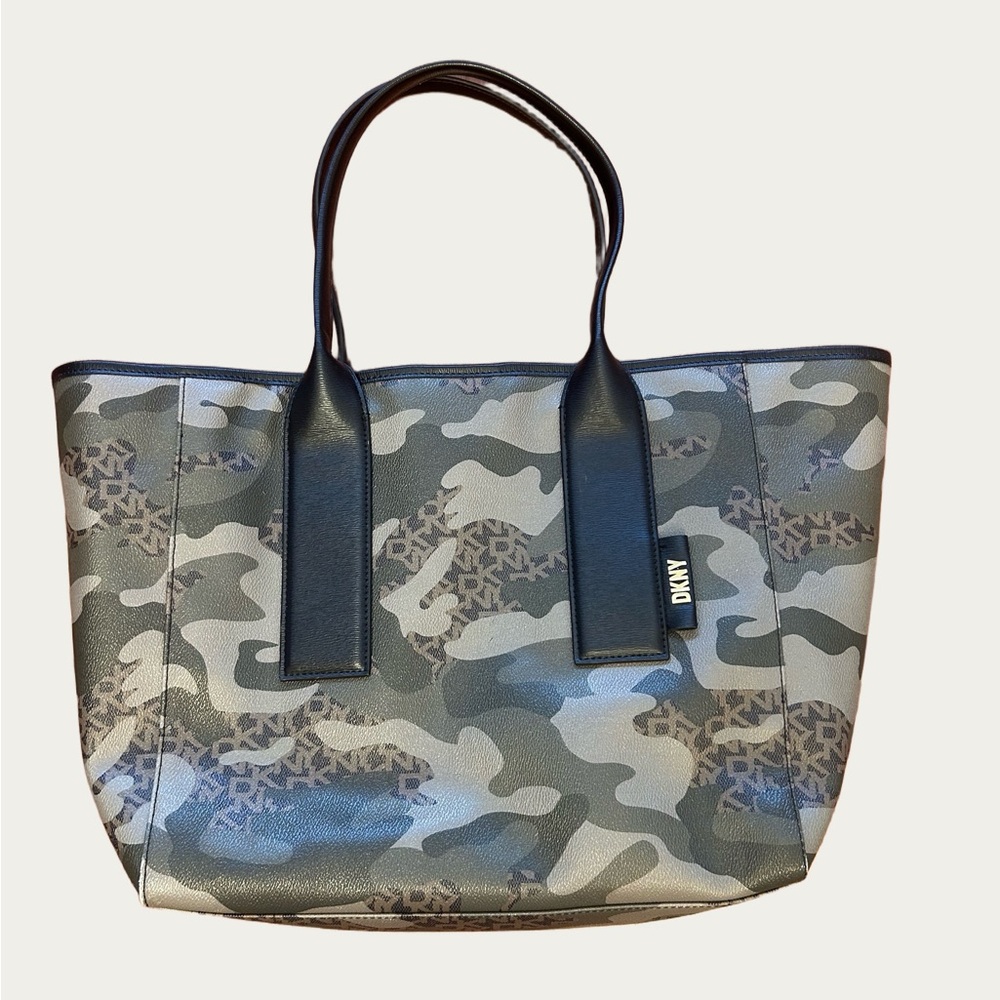 DKNY Black and Gray Large Tote Bag with Modern Camouflage Design